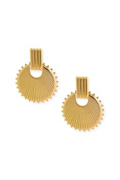 The Stellar Earrings go beyond everyday style to ensure a fabulous statement look with their funky, art-deco inspired design. Pair these with the Pani Long Dress for your next cocktail event, and you'll be sure to thank us later. DETAILS: 18k gold plated over stainless steel Post back Water / tarnish resistant Trendy Yellow Gold Party Earrings, Chic Yellow Gold Earrings For Party, Modern Yellow Gold Earrings For Party, Chic Gold-tone Earrings For Evening, Retro Gold Drop Earrings, Modern Brass Earrings For Party, Modern Gold Plated Earrings For Party, Gold Retro Earrings For Party, Retro Gold Earrings For Parties