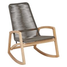 a wooden rocking chair with grey cushions