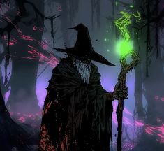 a wizard holding a staff in the middle of a forest with glowing green and purple lights