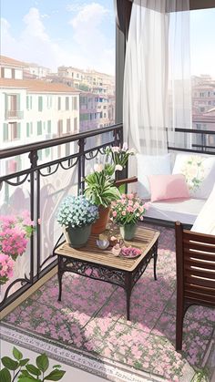 a balcony with pink flowers and potted plants next to a couch on a rug