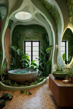 the bathroom is decorated in green and has a large bathtub surrounded by greenery