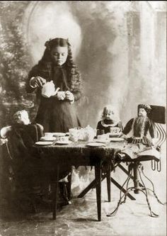 "Merricat," said Constance, "would you like a cup of tea?"   "Oh, no," said Merricat, "you'll poison me." Doll Tea Party, Vintage Children Photos, Victorian Life, Portrait Vintage, Victorian Photos, Lewis Carroll, Antique Photos