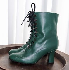 "Request a Custom Order and have something made just for you! Limited edition fabric For wider feet , strong calf and for narrow feet also. This is an individual boots handcrafted. All materials very qualitative. Italian Emerald Green leather and suede leather inside. Are issued by limited series. Model inspired from 1900 Victorian boot style. Are issued by limited series. Ankle height: height of the heel 2.6\" inch/ 7 cm length of the boot from the bottom of the sole (at the heel) to the top 7\ Fitted Lace-up Boots With Leather Sole And Round Toe, Fitted Round Toe Lace-up Boots With Leather Sole, Fitted Lace-up Boots With Rubber Sole, Fitted Lace-up Ankle Boots With Rubber Sole, Fitted Ankle Lace-up Boots With Rubber Sole, Fitted Mid-calf Boots With Leather Sole And Round Toe, Fitted Mid-calf Boots With High Ankle And Leather Sole, Vintage Green Boots With Round Toe, Fitted Lace-up Ankle Boots With Reinforced Heel