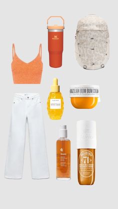 the contents of a woman's wardrobe including an orange top, white pants and a backpack