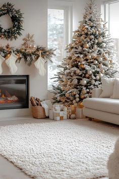 Elegant Christmas Living Room Decor, White Christmas Tree Decorating Ideas, Minimalist Christmas Decor Ideas, Natal Natural, White Christmas Tree Decorations, Luxury Christmas Decor, Tangled Lights, Christmas Tree White