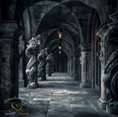 an image of a dragon statue in the middle of a hallway with columns and arches