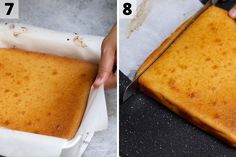 two pictures showing how to cut and bake a cake in the same pan as shown below