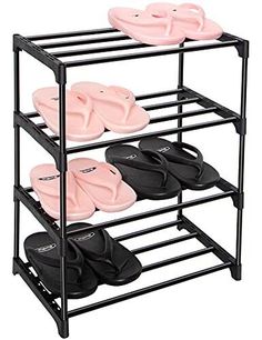 four tiered shoe rack with pink and black sandals