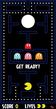 an old arcade game with pacman and other characters on the screen, as well as text that reads get ready score 0 lives 3