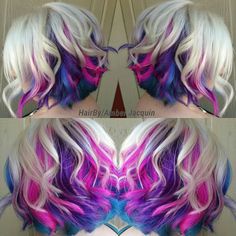 Icy blonde with pink, purple and blue peekaboos. Hair by Amber Jacquin Amber Blonde, Multicolored Hair, Icy Blonde, Hair Color Purple, Hair Creations, Bright Hair