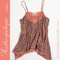 This Playful Woven Cami Has Lace Trim At Both Front And Back Neck. Also Has High-Low Hem Finished With Mini Fringes. The Body Is Lined With Gauze. New With Tags. Never Been Worn. Stored In Smoke-Free Home. Bohemian Cami Top With Lace Trim, Bohemian Floral Print Tops For Loungewear, Bohemian Camisole Top With Lace Trim, Bohemian Printed Cami Top, Bohemian Floral Print Camisole Top, Bohemian Camisole Top With Floral Print, Paisley Print V-neck Festival Top, Casual Paisley Print Top For Festival, Velvet Cami Top