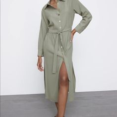 Olive Green Midi Button Shirt Dress Casual Button-up Office Dress, Chic Long Sleeve Maxi Dress With Button Cuffs, Casual Collared Neckline Shirt Dress For Office, Casual Collared Shirt Dress For Office, Chic Long Sleeve Maxi Dress With Buttons, Chic Long Sleeve Button Maxi Dress, Casual Midi-length Shirt Dress With Placket, Casual Midi Length Shirt Dress With Placket, Casual Button Front Midi Shirt Dress