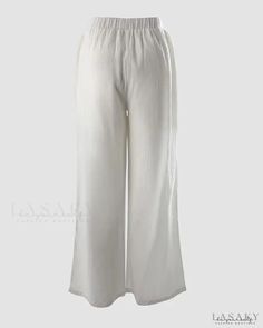 Lasaky - Pocket Detail Wide Leg Trousers Elegant Vacation Bottoms Solid Color, Elegant Solid Color Vacation Bottoms, Elegant Cotton Bottoms For Vacation, Elegant Cotton Pants For Vacation, Elegant Cotton Vacation Pants, Elegant Cotton Beach Bottoms, Ankle-length Bottoms For Beach, Elegant Beach Bottoms With Pockets, Elegant Cotton Beach Pants