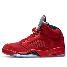 The Air Jordan 5 Retro 'Red Suede' is a nod to the iconic 'Raging Bull' sneaker, with a University Red suede upper and Black shark teeth on the midsole. Released in July of 2017, the sneaker also includes a 3M reflective tongue and an ice-white translucent outsole. The perfect addition to any Air Jordan collection, the Air Jordan 5 Retro 'Red Suede' is a must-have for any sneakerhead. (AJ5/SNKR/Chicago Bulls) Suede Basketball Shoes With Boost Midsole, Suede Lace-up Basketball Shoes, Red Suede Sneakers With Boost Midsole, University Red High-top Jordan Shoes With Boost Midsole, University Red Mid-top High-top Sneakers With Rubber Sole, University Red High-top Sneakers With Laces, University Red High-top Lace-up Sneakers For Streetwear, Red Suede Sneakers With Cushioned Footbed, University Red High-top Sneakers For Streetwear