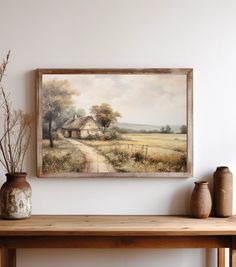 a painting hanging on the wall above a wooden table with vases and two jars