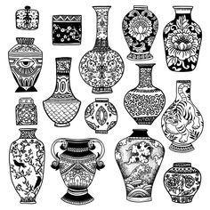 an assortment of vases are shown in black and white, each with different designs