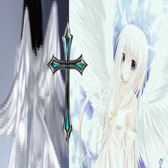 an anime character with angel wings and a cross in front of her, the background is blurry