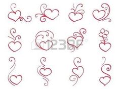 hearts drawn in red ink with swirls and scrolls on white background stock photo - budget conscious