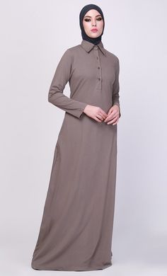 Shirt Style Collared Casual Wear Abaya Dress - EastEssence.com Modest Long Sleeve Maxi Dress With Buttons, Long Sleeve Abaya For Work, Solid Color Long Sleeve Abaya For Work, Solid Long Sleeve Abaya For Work, Solid Color Maxi Length Abaya For Work, Solid Maxi Length Abaya For Work, Modest Long Sleeve Abaya For Work, Modest Maxi Length Abaya For Work, Everyday Abaya