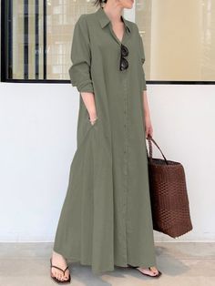 Mode Kimono, Spring Dresses Women, Womens Long Dresses, Dress Sleeve Length, Salwar Kamiz, Collared Shirt Dress, Maxi Shirts, Cotton Linen Dresses, Long Sleeve Casual Dress