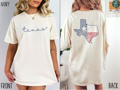 This cute Texas Comfort Colors Shirt is the perfect way to show off your Lone Star State pride. This t-shirt is both comfortable and stylish, making it the perfect addition to your wardrobe. Featuring a classic design with "Texas" displayed in cursive on the front, and the the iconic state flag of Texas prominently displayed on the back, this tee is sure to be a conversation starter wherever you go. Whether you're exploring the vibrant city of Austin or watching a rodeo in Houston, this shirt is State Tshirt, Texas Trip, Moving To Texas, Texas Gifts, Texas Shirts, Texas Flag, Texas Flags, Lone Star State, Comfort Colors Shirt