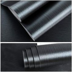 three different views of black metal sheets on a table with the same color and pattern