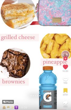 there are many different foods and drinks on this page, including pineapple, brownies, grilled cheese