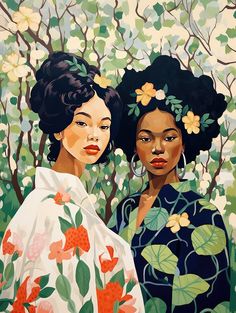 two black women standing next to each other in front of trees and flowers on a sunny day