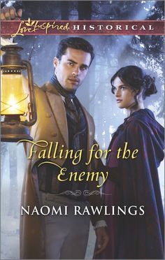 a man and woman standing next to each other in front of a lantern with the words falling for the enemy