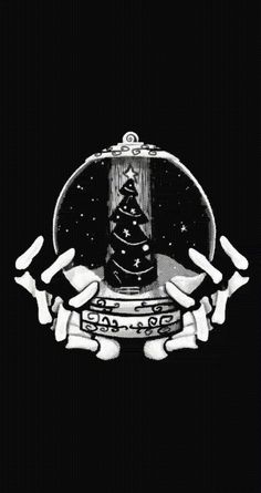 a black and white drawing of a christmas tree in a snow globe