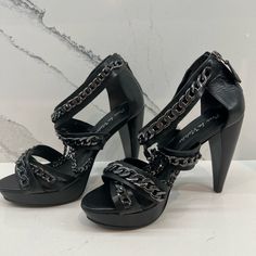 New Without Box Or Bag. Size 6.5. This Brand Runs Small. I Am A 6 And They Fit. Black High Heel Shoes With Chain Detail, Black Chain Heels For Night Out, Leather Heels With Chain Strap For Night Out, Black Heels With Chain For Party, Gothic Open Toe Heels For Party, Black Gothic Heels For Evening, Black Chain High Heels, Gothic Black Heels For Evening, Gothic Black Evening Heels