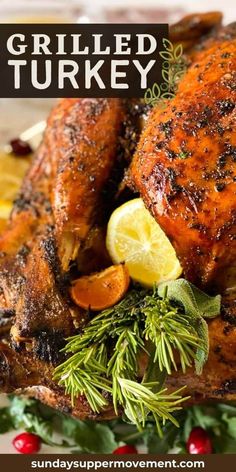 grilled turkey with herbs and lemons on a plate