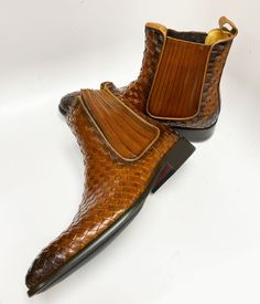 Style: 886-18X-Cognac Spectacular Woven Burnished Calfskin slip-on Boot from our Carrucci by Maurice Collection features a Double Gore, soft Calfskin lining, and a clean welt! Stylish Boots For Men, Cordovan Shoes, Alligator Boots, Custom Made Shoes, Woven Shoes, Mens Boots Fashion, Leather Dress Shoes, Low Boots, Slip On Boots