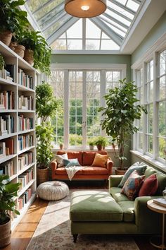 a living room filled with lots of furniture and bookshelves next to a window