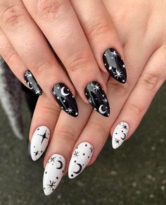 Black And White Nail, Black And White Nail Designs, Witch Nails, Witchy Nails, Moon Nails, Her Nails, White Nail Designs, Nails Polish