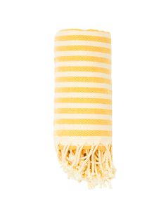 a yellow and white striped towel with fringes