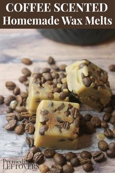 coffee scented homemade wax melts on top of coffee beans