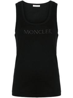 black cotton blend fine ribbed scoop neck sleeveless embroidered logo at the chest straight hem Women Logo, Moncler Logo, Moncler Women, Embroidered Tank, Knitwear Cardigan, Cotton Top, Black Tank Tops, Logo Embroidered, Cotton Tops