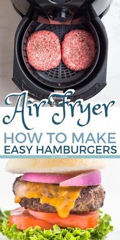 an air fryer with hamburgers and lettuce on it in front of the words, air fryer how to make easy hamburgers