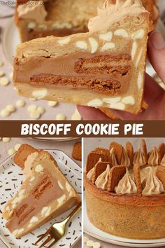 a collage of photos showing different types of desserts and pies with the words biscoff cookie pie on top