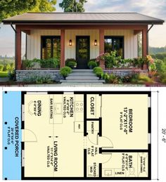 the floor plan for a small house with an attached porch and covered porch, is shown