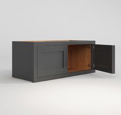 an empty cabinet with the door open on a white background