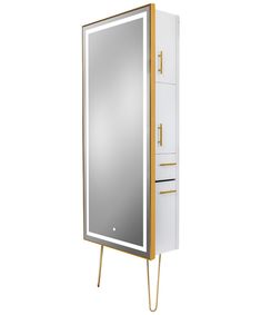 a white and gold mirrored cabinet with drawers