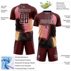 the front and back of a maroon soccer uniform with information about how to wear it