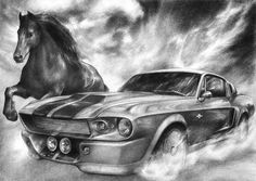 a drawing of a mustang with a horse on it's hood in the clouds