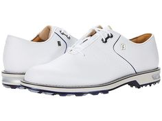 FootJoy DryJoys Premiere - Men's Shoes : White/Navy 1 : Dominate the competition with the pure fit and waterproof performance of the FootJoy DryJoys Premiere golf shoes. FootJoy golf shoes with membrane-free waterproof full grain Pittard leather uppers. Lightly padded tongue and collar for comfort. Innovative Estane TPU outsole for added traction and stability. Ortholite EcoPlush FitBed for a stable and comfortable stride. Also removeable for custom needs. Low profile Softspikes cleats. Super so White Slip-resistant Golf Shoes With Round Toe, Functional Golf Shoes With Branded Insole, Leather Golf Shoes, Sporty Style, White Slip-resistant Low-top Golf Shoes, Leather Sporty Golf Shoes, Classic Leather Golf Shoes, White Leather Golf Shoes, White Golf Shoes With Branded Insole, Footjoy Golf Shoes