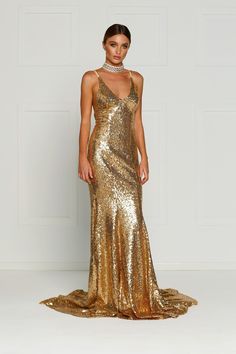 A&N Kendall - Gold Sequin Dress with V Neck and Criss Cross Back Mermaid Fit, Fitted Gowns, Prom Dresses Yellow, Gold Sequin Dress, Fantasy Dresses, Full Length Gowns, Beautiful Mermaids, Sequin Gown, Liquid Gold