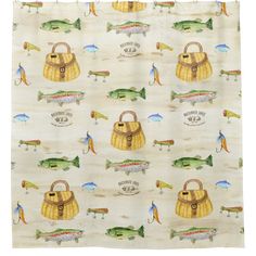 a shower curtain with fish and purses on it