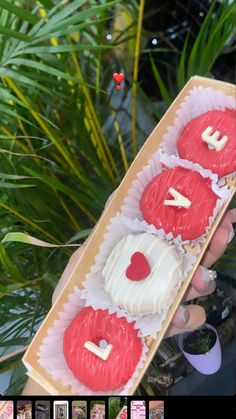 two red and white cupcakes in a cardboard box with hearts on the top