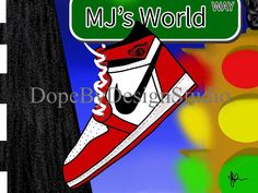 a red and white sneaker with the words mj's world on it